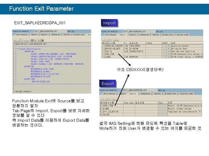 Function Exit Parameter EXIT_SAPLKEDRCOPA_001 Import 구조 CE 0 XXXX(경영단위) Export Function Module Exit의 Source를