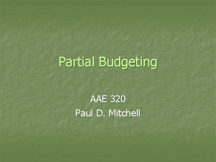 Partial Budgeting AAE 320 Paul D. Mitchell 