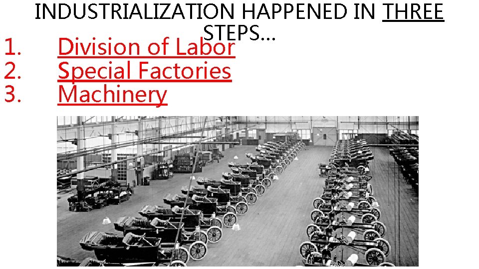 1. 2. 3. INDUSTRIALIZATION HAPPENED IN THREE STEPS… Division of Labor Special Factories Machinery 1. 2. 3. INDUSTRIALIZATION HAPPENED IN THREE STEPS… Division of Labor Special Factories Machinery