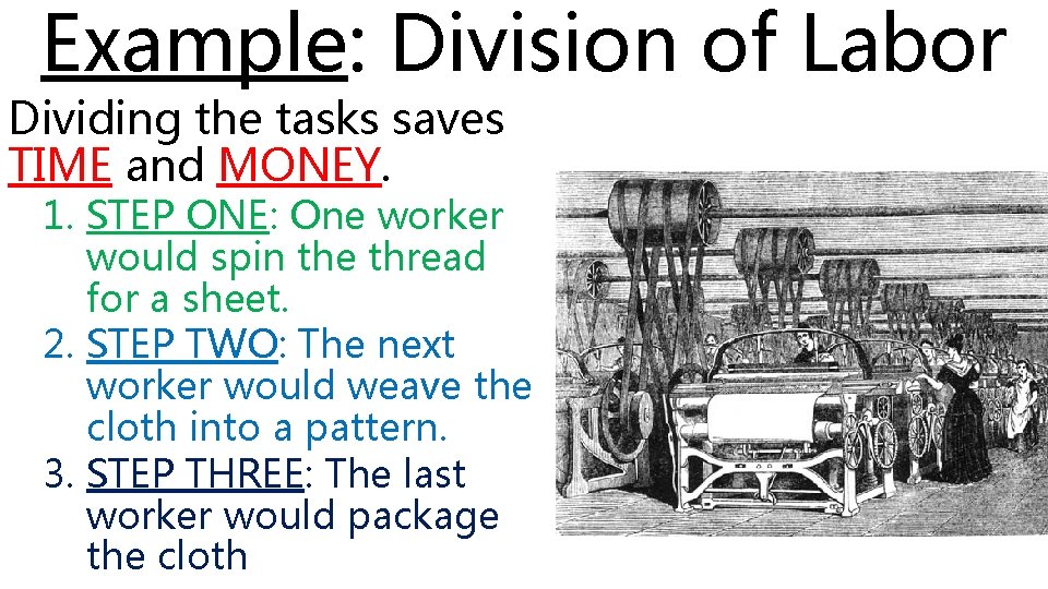 Example: Division of Labor Dividing the tasks saves TIME and MONEY. 1. STEP ONE: Example: Division of Labor Dividing the tasks saves TIME and MONEY. 1. STEP ONE: