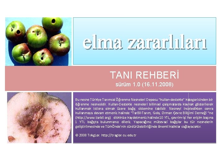 elma zararlıları TANI REHBERİ sürüm 1. 0 (16. 11. 2008) Bu nesne Türkiye Tarımsal