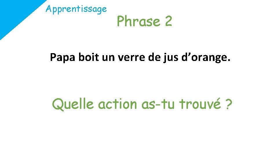 Apprentissage Phrase 2 Papa boit un verre de jus d’orange. Quelle action as-tu trouvé