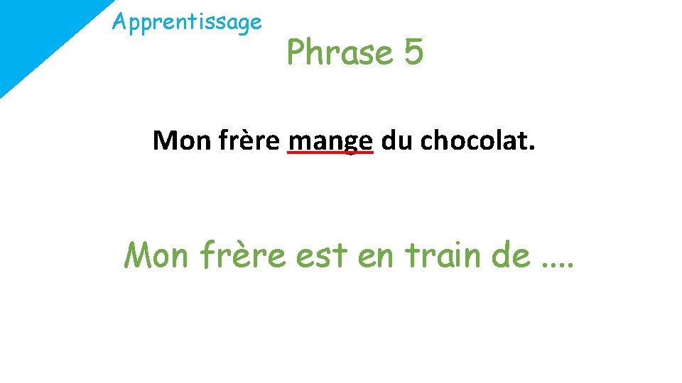 Apprentissage Phrase 5 Mon frère mange du chocolat. Mon frère est en train de.