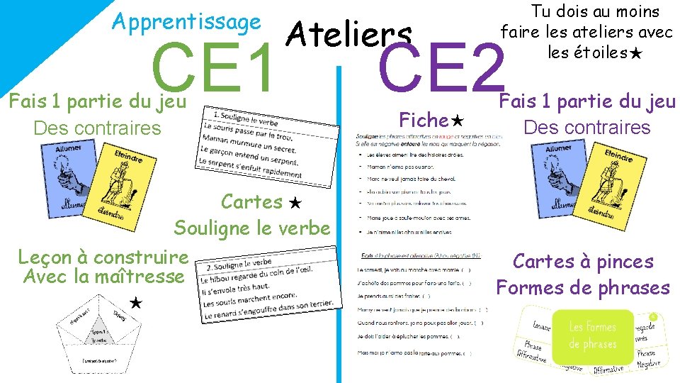 Apprentissage CE 1 Ateliers Fais 1 partie du jeu Des contraires Cartes ★ Souligne