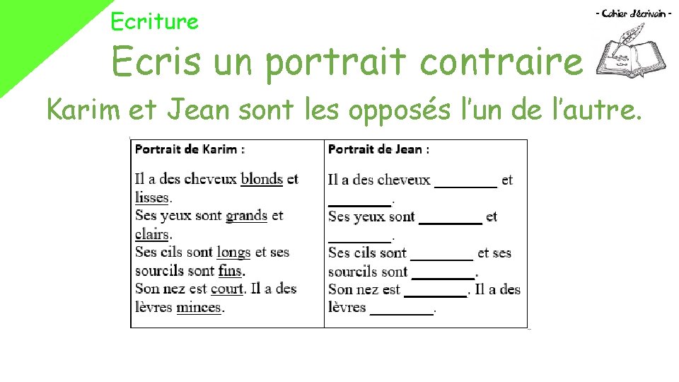 Ecriture Ecris un portrait contraire Karim et Jean sont les opposés l’un de l’autre.