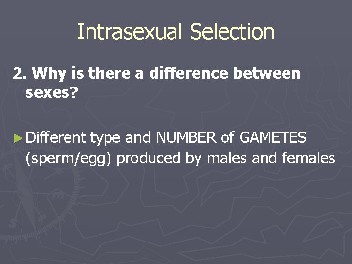 Intrasexual Selection 2. Why is there a difference between sexes? ► Different type and