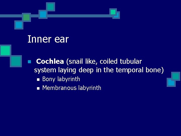 Inner ear n Cochlea (snail like, coiled tubular system laying deep in the temporal