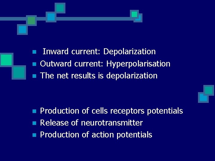 n n n Inward current: Depolarization Outward current: Hyperpolarisation The net results is depolarization