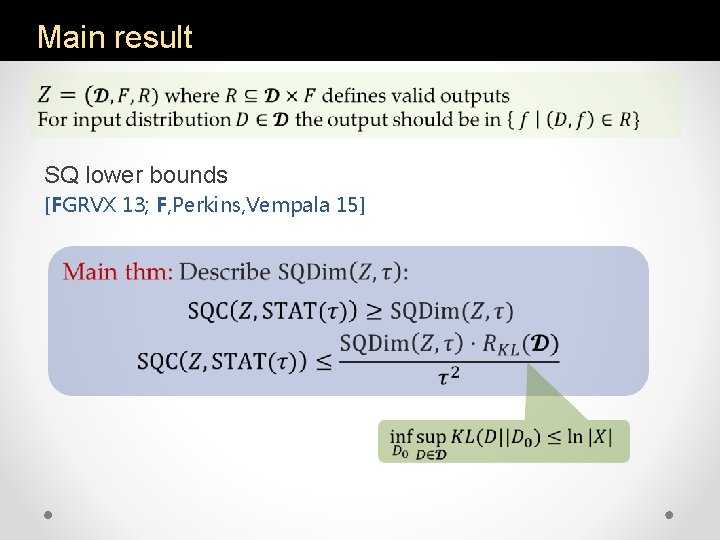 Main result SQ lower bounds [FGRVX 13; F, Perkins, Vempala 15] 