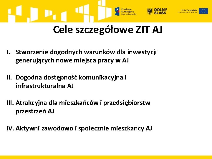 Cele szczegółowe ZIT AJ I. Stworzenie dogodnych warunków dla inwestycji generujących nowe miejsca pracy