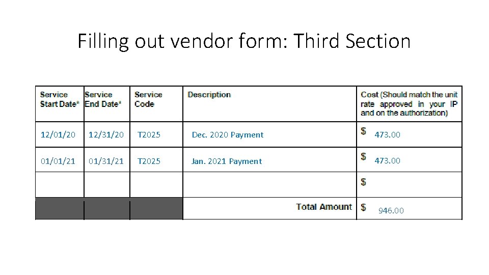 Filling out vendor form: Third Section 12/01/20 12/31/20 T 2025 Dec. 2020 Payment 473.