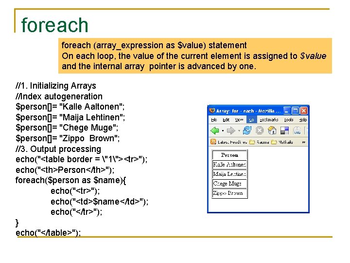 foreach (array_expression as $value) statement On each loop, the value of the current element