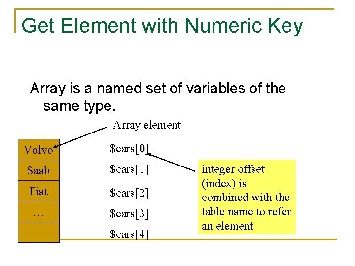 Get Element with Numeric Key Array is a named set of variables of the
