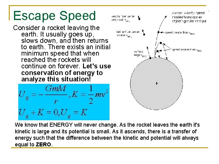 Escape Speed Consider a rocket leaving the earth. It usually goes up, slows down,