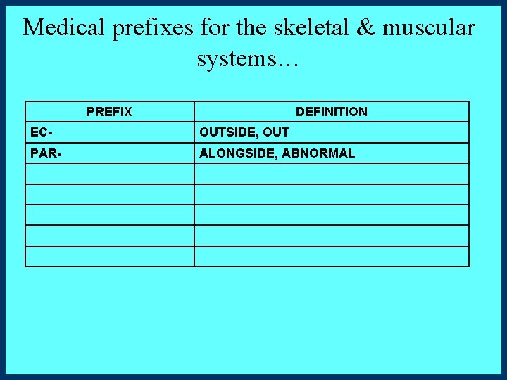Medical prefixes for the skeletal & muscular systems… PREFIX DEFINITION EC- OUTSIDE, OUT PAR-