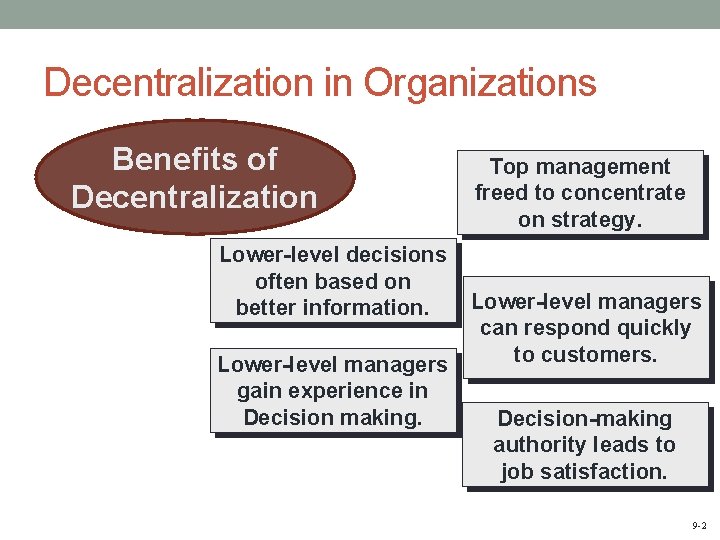 Decentralization in Organizations Benefits of Decentralization Lower-level decisions often based on better information. Lower-level