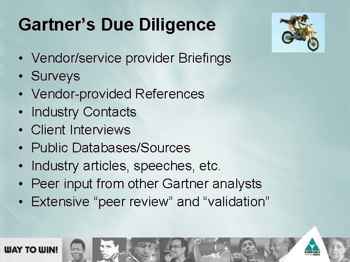 Gartner’s Due Diligence • • • Vendor/service provider Briefings Surveys Vendor-provided References Industry Contacts