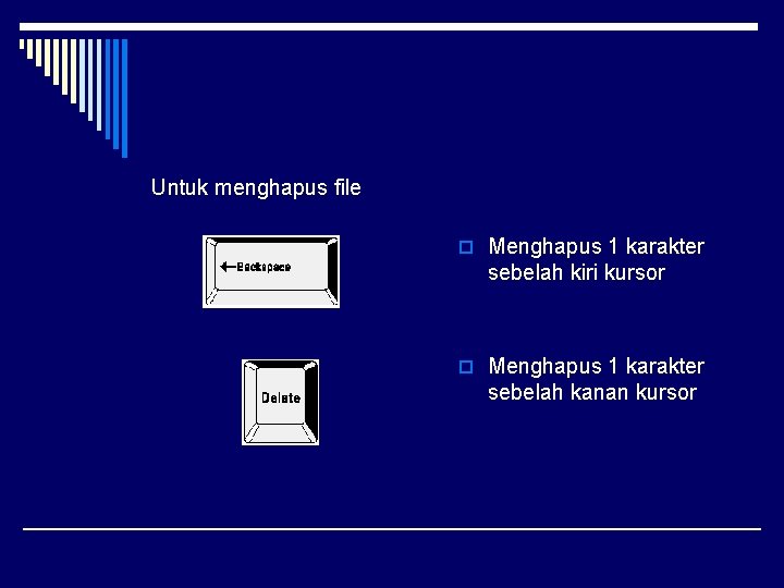 Untuk menghapus file o Menghapus 1 karakter sebelah kiri kursor o Menghapus 1 karakter