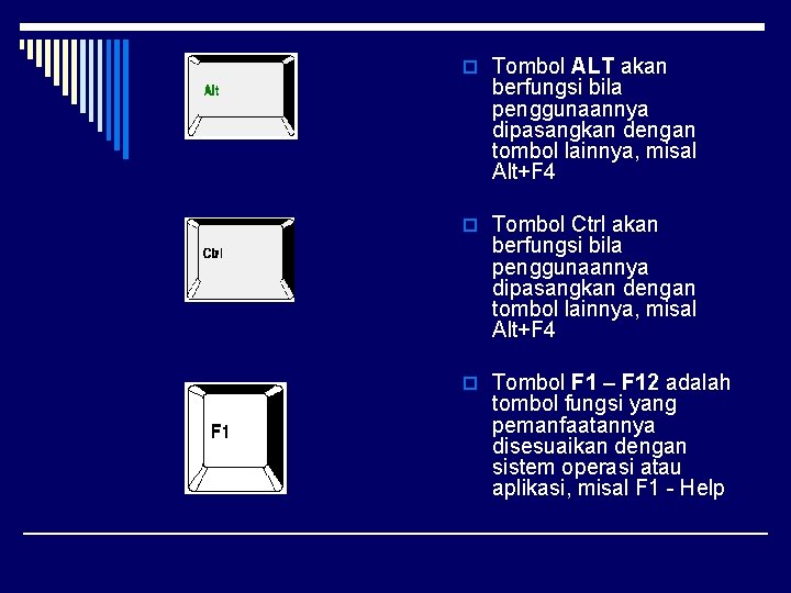 o Tombol ALT akan berfungsi bila penggunaannya dipasangkan dengan tombol lainnya, misal Alt+F 4