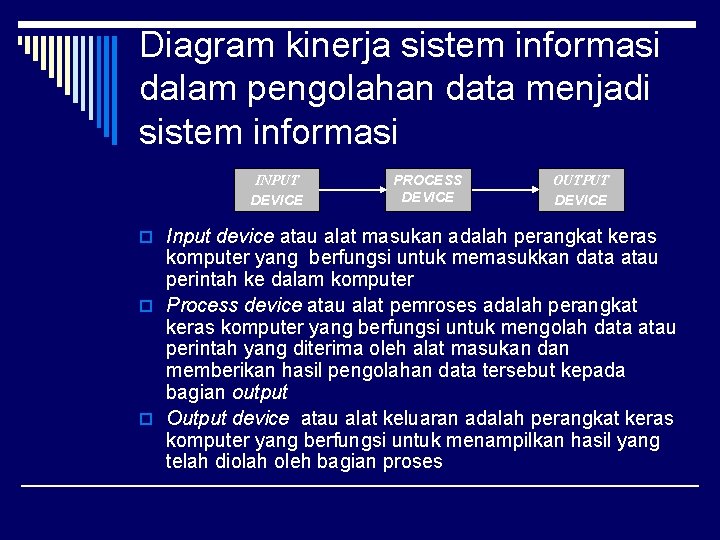 Diagram kinerja sistem informasi dalam pengolahan data menjadi sistem informasi INPUT DEVICE PROCESS DEVICE