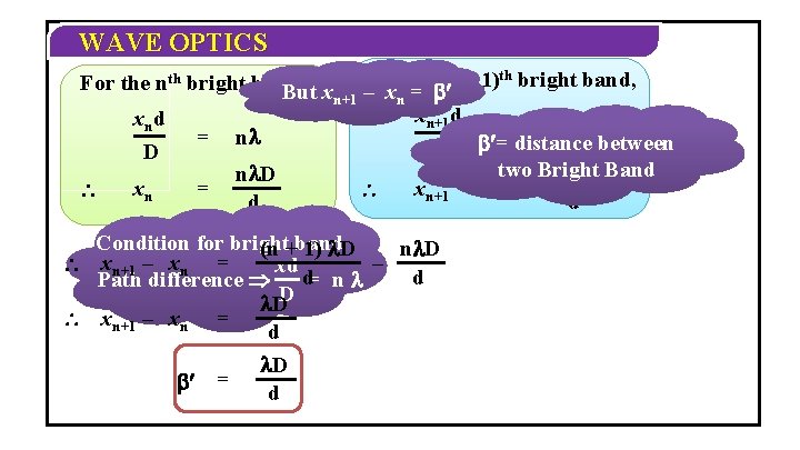 WAVE OPTICS For the (n + 1)th bright band, n+1 – xn = ¢ WAVE OPTICS For the (n + 1)th bright band, n+1 – xn = ¢