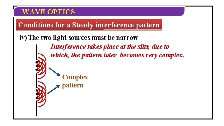 WAVE OPTICS Conditions for a Steady interference pattern iv) The two light sources must WAVE OPTICS Conditions for a Steady interference pattern iv) The two light sources must