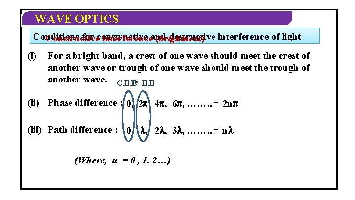 WAVE OPTICS Conditions for constructive destructive interference of light Constructive interferenceand (brightness) (i) For WAVE OPTICS Conditions for constructive destructive interference of light Constructive interferenceand (brightness) (i) For