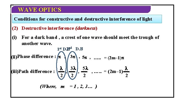 WAVE OPTICS Conditions for constructive and destructive interference of light (2) Destructive interference (darkness) WAVE OPTICS Conditions for constructive and destructive interference of light (2) Destructive interference (darkness)