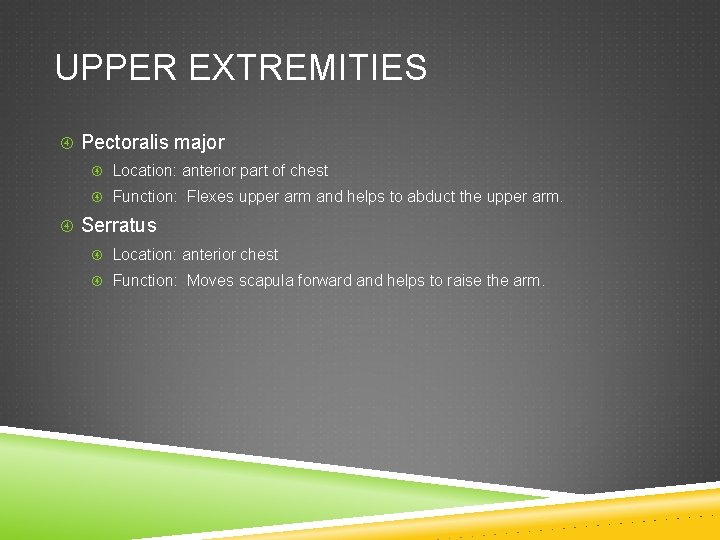 UPPER EXTREMITIES Pectoralis major Location: anterior part of chest Function: Flexes upper arm and