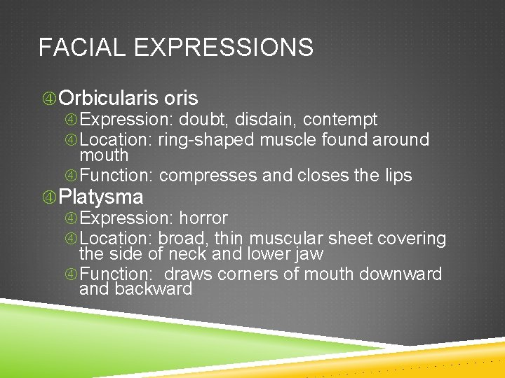 FACIAL EXPRESSIONS Orbicularis oris Expression: doubt, disdain, contempt Location: ring-shaped muscle found around mouth