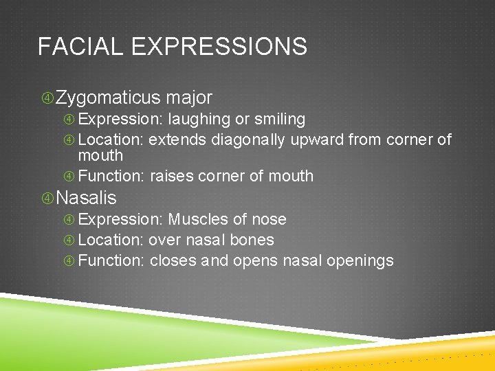 FACIAL EXPRESSIONS Zygomaticus major Expression: laughing or smiling Location: extends diagonally upward from corner
