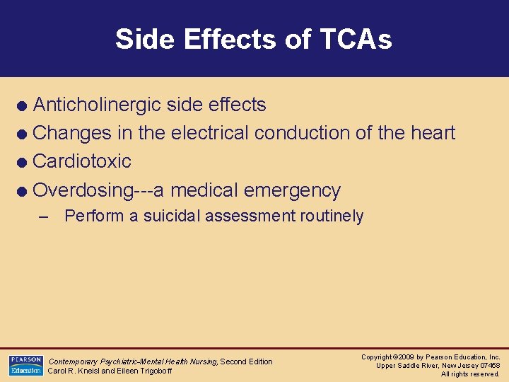 Side Effects of TCAs = Anticholinergic side effects = Changes in the electrical conduction