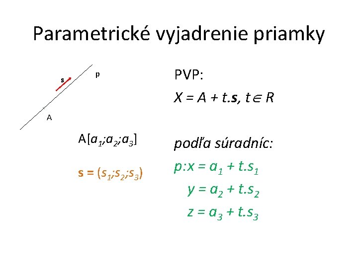 Parametrické vyjadrenie priamky s p PVP: X = A + t. s, t R