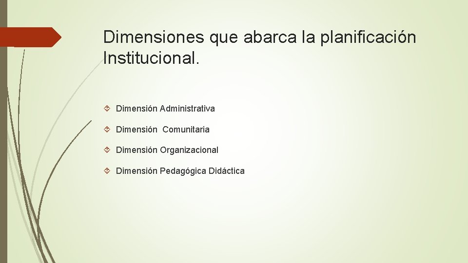 Dimensiones que abarca la planificación Institucional. Dimensión Administrativa Dimensión Comunitaria Dimensión Organizacional Dimensión Pedagógica