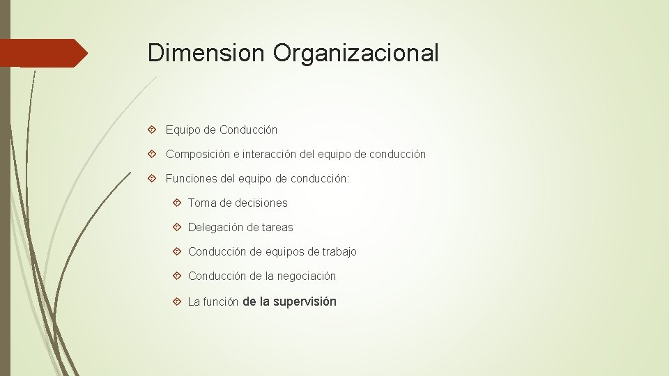 Dimension Organizacional Equipo de Conducción Composición e interacción del equipo de conducción Funciones del