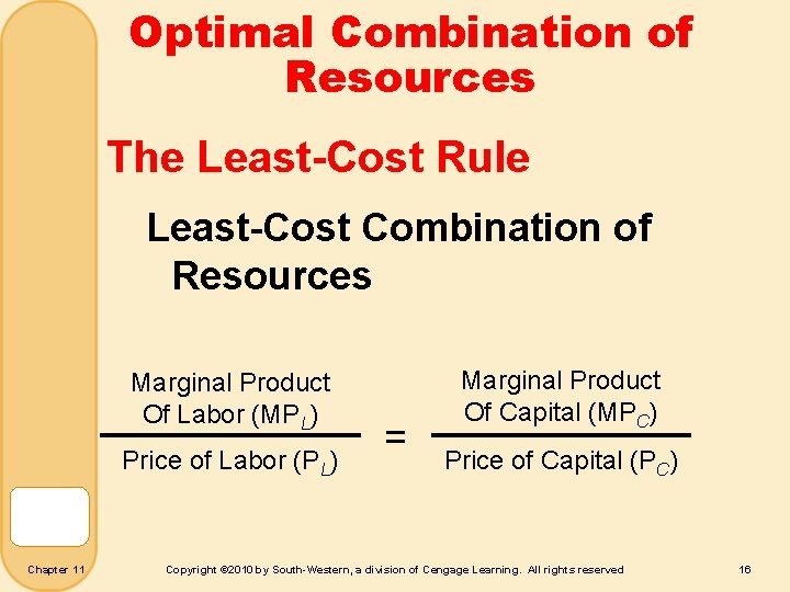 Optimal Combination of Resources The Least-Cost Rule Least-Cost Combination of Resources Marginal Product Of