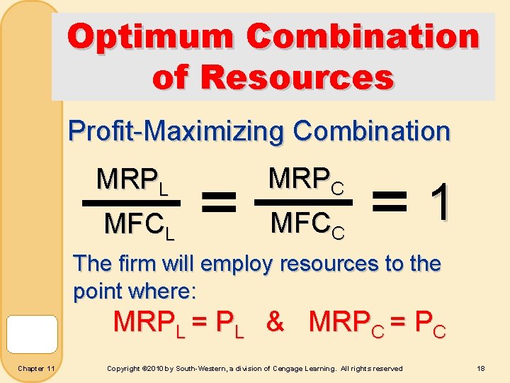 Optimum Combination of Resources Profit-Maximizing Combination MRPL MRPC MFCL MFCC 1 The firm will
