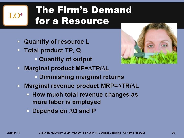 LO 4 The Firm’s Demand for a Resource § Quantity of resource L §