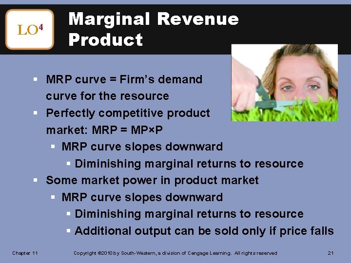 LO 4 Marginal Revenue Product § MRP curve = Firm’s demand curve for the