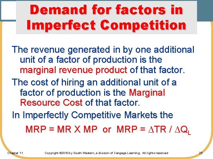 Demand for factors in Imperfect Competition The revenue generated in by one additional unit