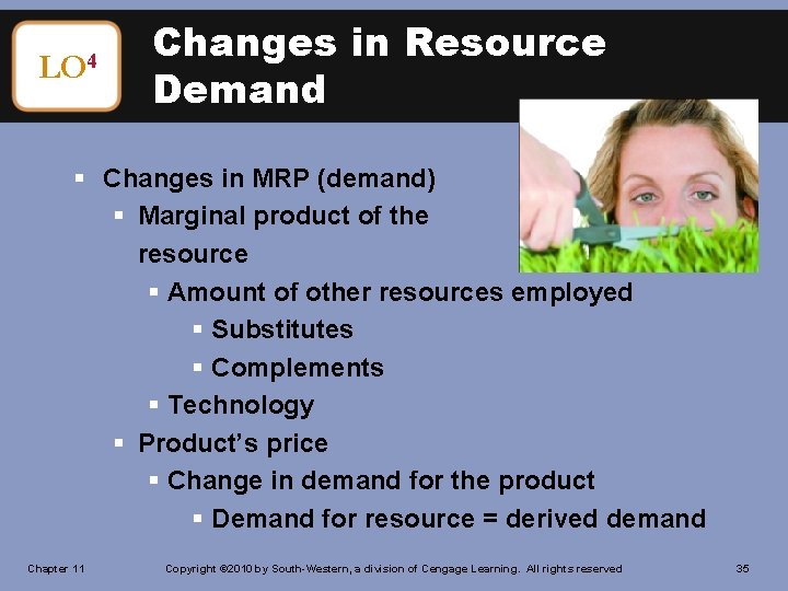 LO 4 Changes in Resource Demand § Changes in MRP (demand) § Marginal product