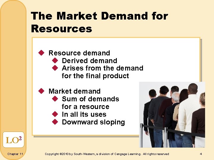 The Market Demand for Resources u Resource demand u Derived demand u Arises from