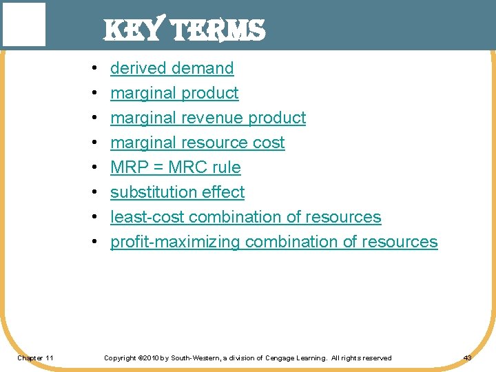 Key Terms • • Chapter 11 derived demand marginal product marginal revenue product marginal