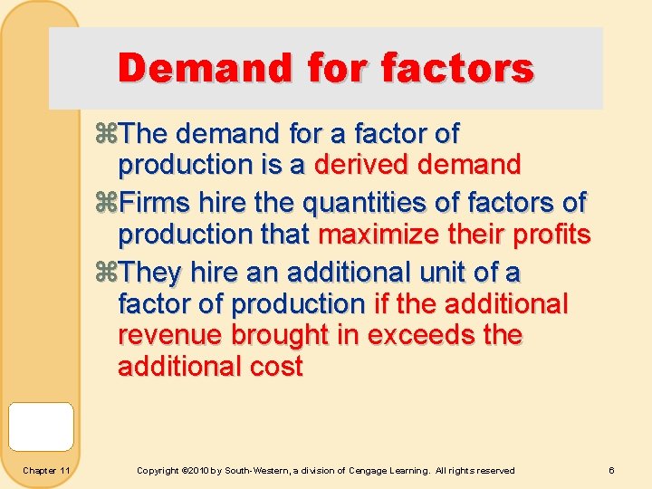 Demand for factors z. The demand for a factor of production is a derived
