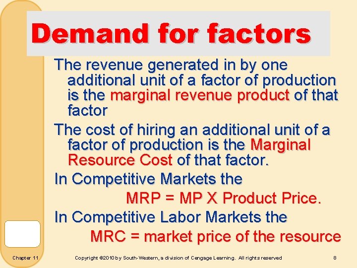 Demand for factors The revenue generated in by one additional unit of a factor