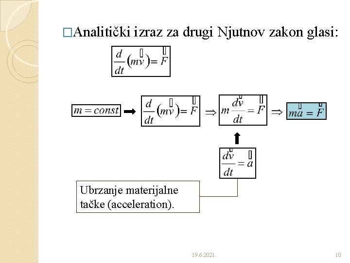 �Analitički izraz za drugi Njutnov zakon glasi: Ubrzanje materijalne tačke (acceleration). 19. 6. 2021.