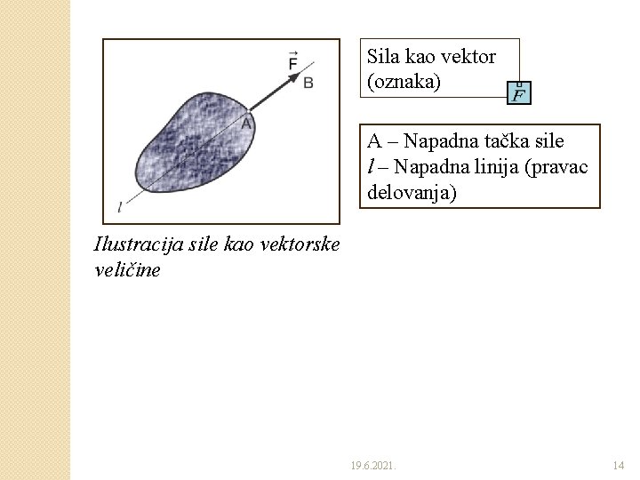 Sila kao vektor (oznaka) A – Napadna tačka sile l – Napadna linija (pravac