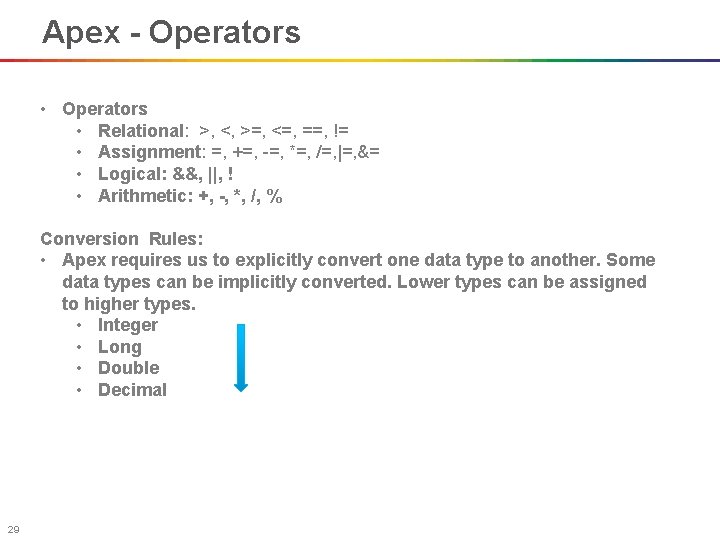 Apex - Operators • Relational: >, <, >=, <=, ==, != • Assignment: =,
