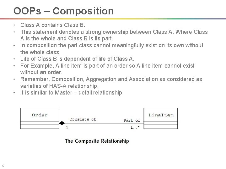 OOPs – Composition • Class A contains Class B. • This statement denotes a