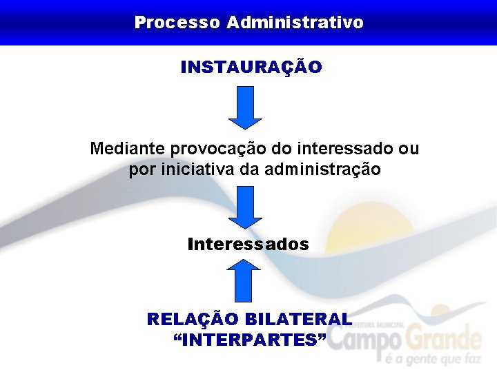 Processo Administrativo INSTAURAÇÃO Mediante provocação do interessado ou por iniciativa da administração Interessados RELAÇÃO
